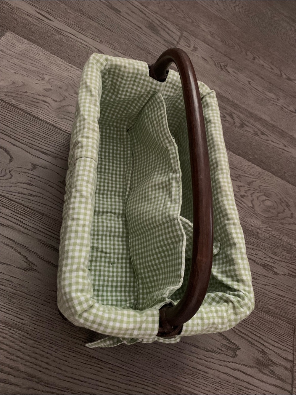 Pottery Barn Kids Green Gingham Fabric Basket with Wood Handle